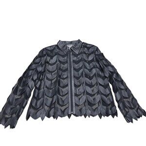 Natto Women's Full Zip Black Leather Jacket Mesh Leaf Applique Design, Size L